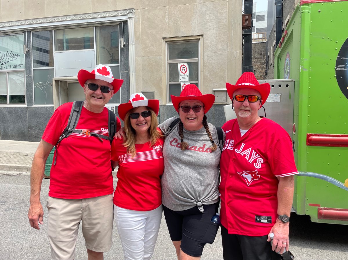 Left to right, Jan and Marlene Dawiczewski and Brenda and Steve Desand take in Canada Day celebrations at Dundas Place on July 1, 2023.