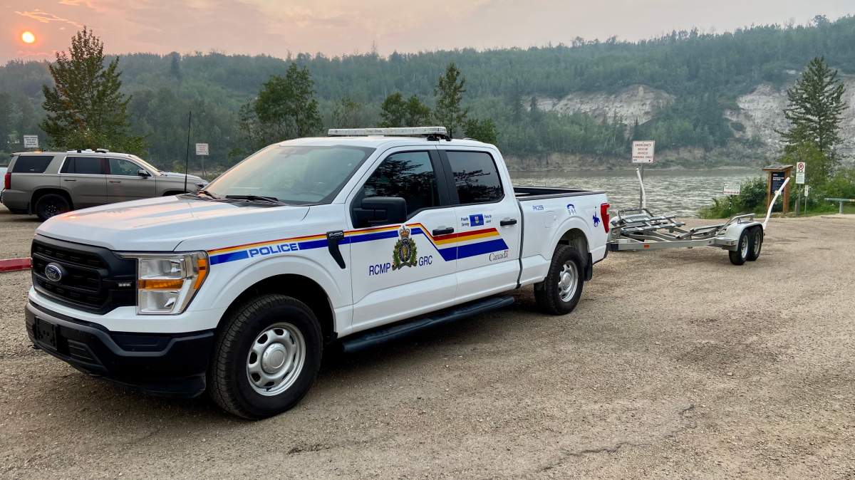 RCMP at the Devon boat launch during a search for a person seen in distress on July 16, 2023.