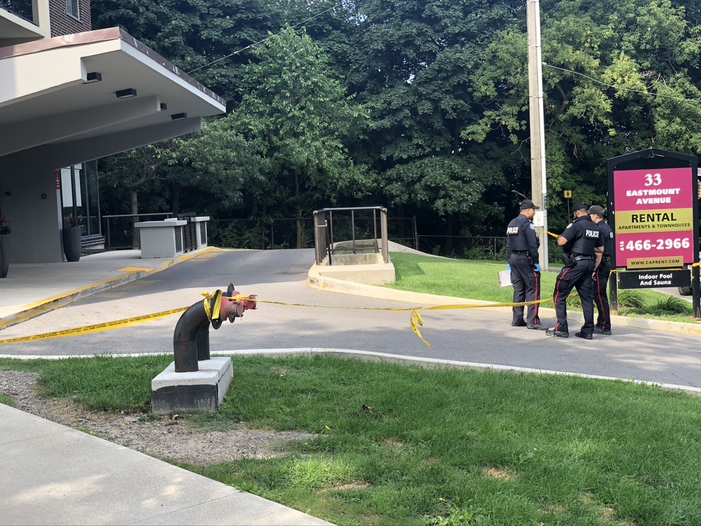 Police on scene following a shooting in Toronto's east end on July 31, 2023.