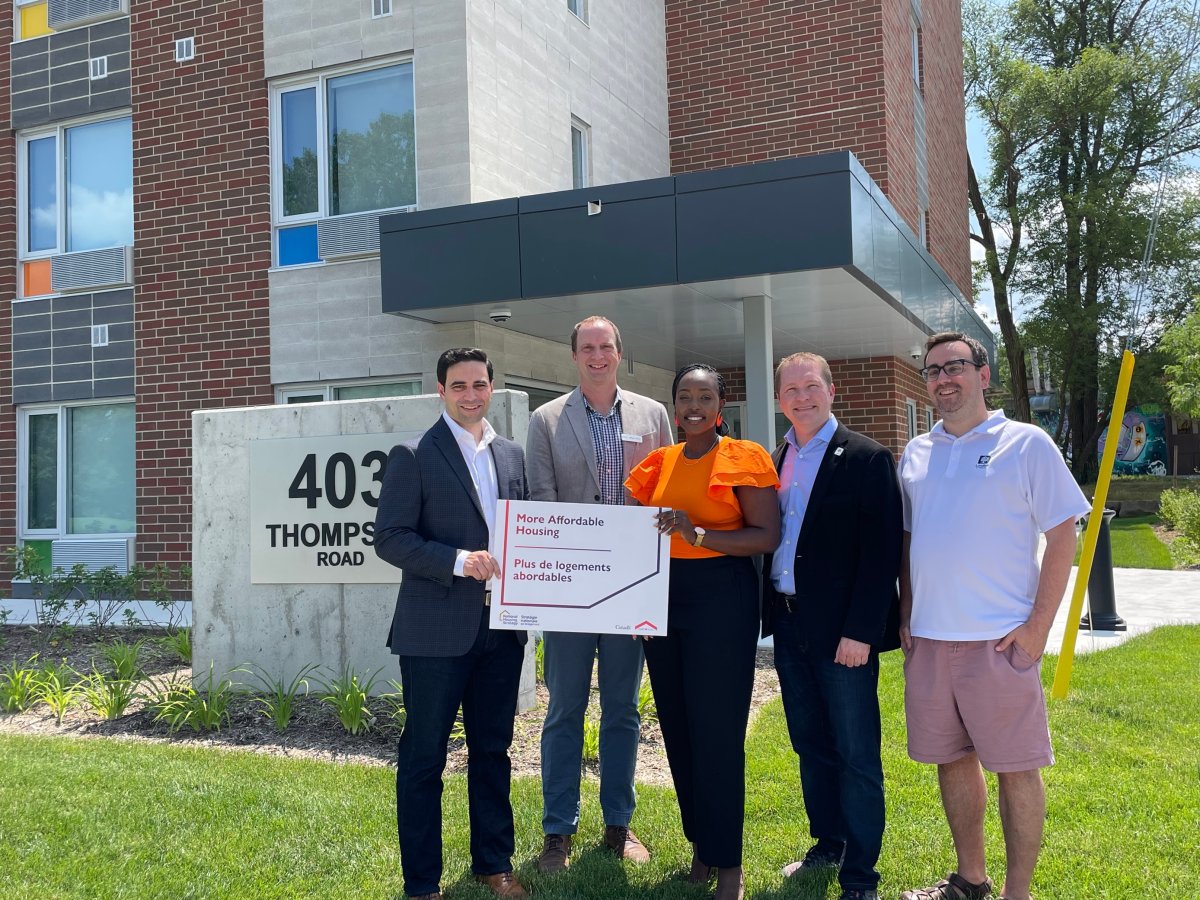 Left to right, MP Peter Fragiskatos, Indwell CEO Jeff Neven, MP Arielle Kayabaga, London Mayor Josh Morgan and Ward 1 Coun. Hadleigh McAlister pose in front of London's newest highly supportive and affordable housing units at 403 Thompson Road on July 10, 2023.