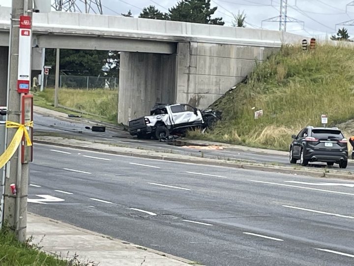 A pickup truck crashed into a bridge near Highway 401, police say.