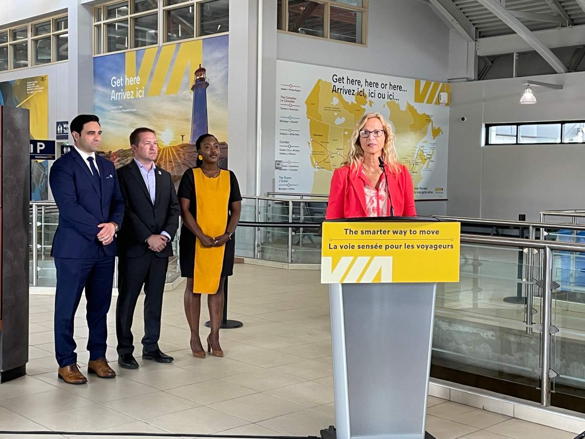 Rita Toporowski, Via Rail’s chief customer officer, speaks at London Station on July 11, 2023.