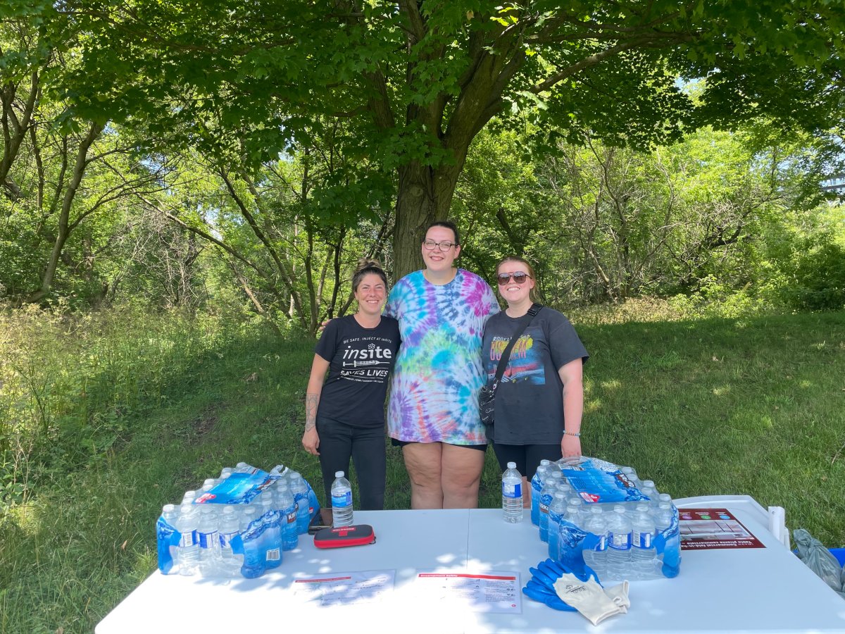 Left to right, Chantelle McDonald, Claire and Chole of London Cares working at a service depot at Cavendish Park on July 4, 2023.