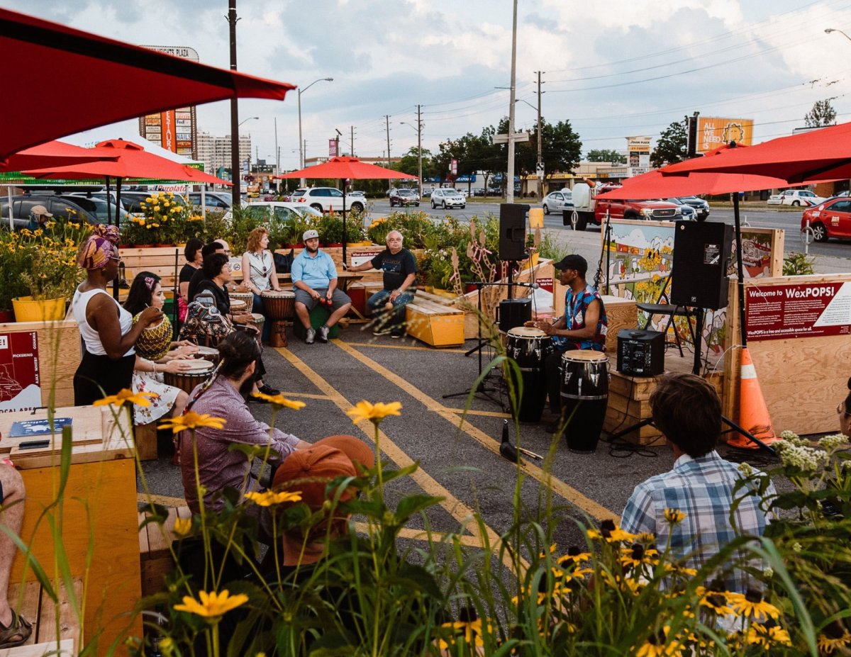 People gather at a plazaPOPS space in Toronto.