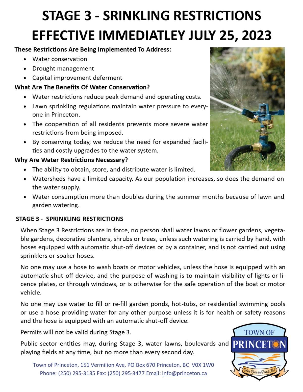 Town of Princeton issues Stage 3 watering restrictions - image