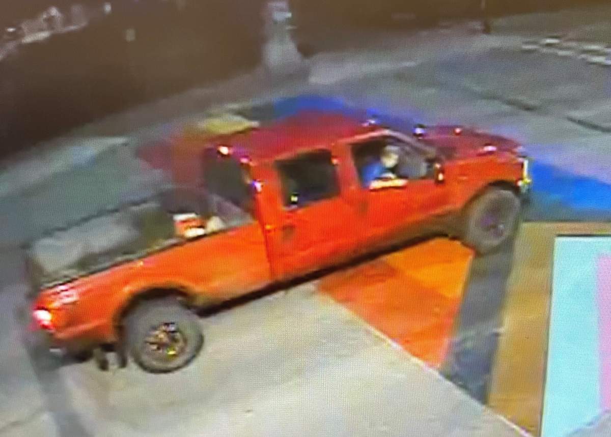 Police are looking to speak with the people who were in a truck that was seen "doing a burnout" on a Pride crosswalk in St. Albert, Alta., in June 2023.