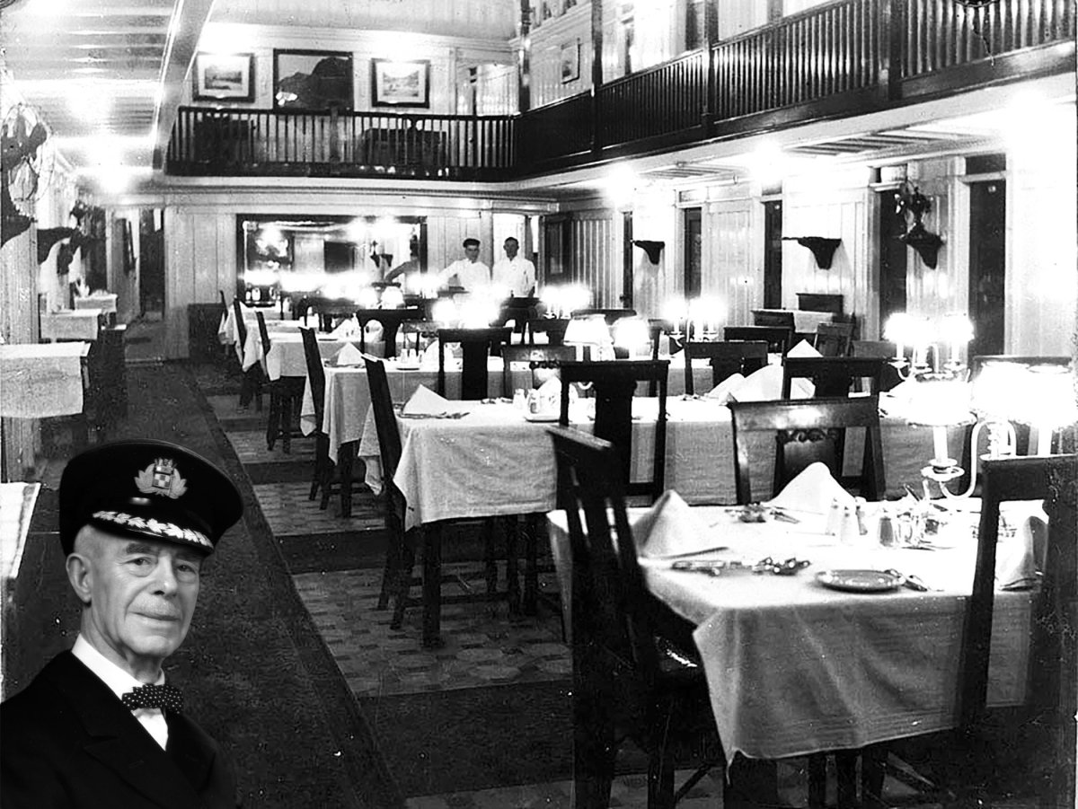 Capt. Joseph B. Weeks of the S.S. Sicamous and the dining room of the sternwheeler. Weeks' spirit is believed by some to still occupy the vessel. 