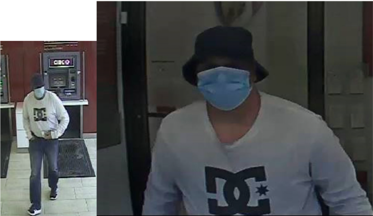Picture of suspect wanted in Orillia Ontario Bank robbery on Thursday, July 6, 2023.