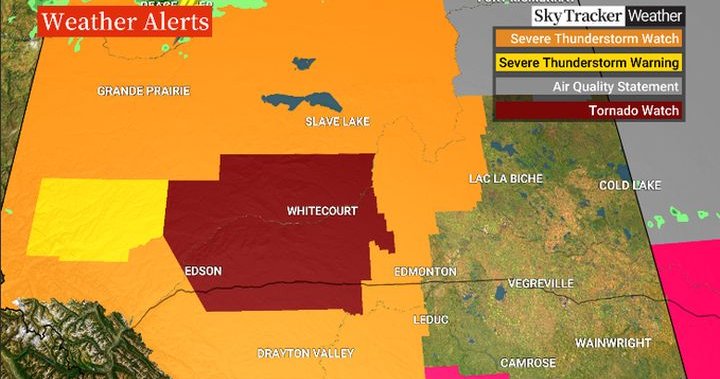 Tornado watch issued for parts of central Alberta Monday afternoon