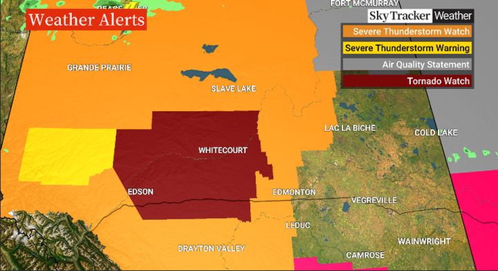 A tornado watch was issued number of areas west of Edmonton and elsewhere in central Alberta shortly before 2:30 p.m.