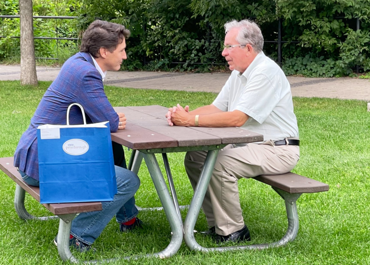 Prime Minister Justin Trudeau met with Peterborough Mayor Jeff Leal during a visit to the city on July 20, 2023.
