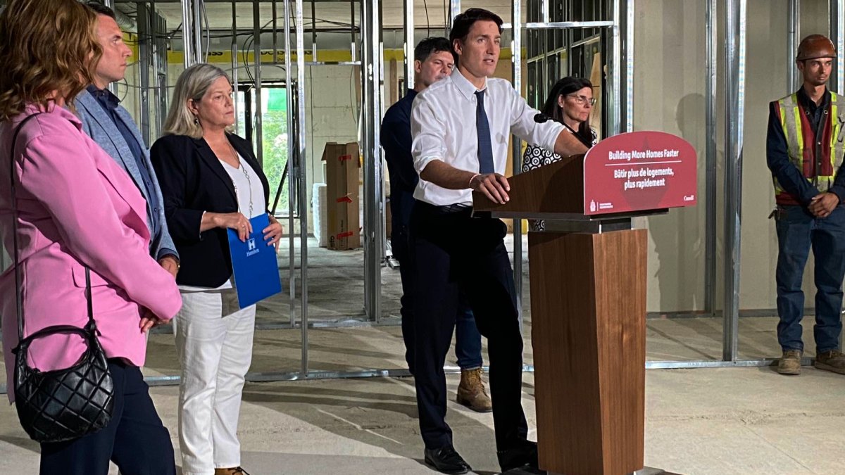 Prime Minister Justin Trudeau along with Hamilton Mayor Andrea Horwath during a press conference on affordable housing at a mixed-use development at 90 Carling St. in Westdale.