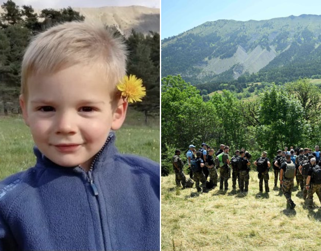 Split image of Emile, a two-year-old boy who has been missing since July 8 and a photo of French police who are conducting a search for him in the French southern Alps village of Le Vernet.