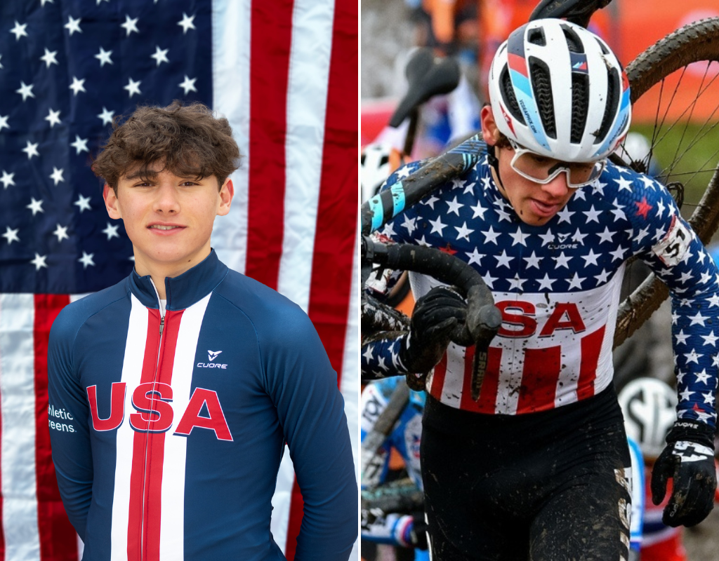A portrait of Magnus White (L) and a photo of him representing the U.S. in a cyclocross event (R). The 17-year-old cyclist tragically died on July 29, 2023 in a training accident.