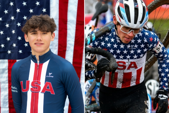 A portrait of Magnus White (L) and a photo of him representing the U.S. in a cyclocross event (R). The 17-year-old cyclist tragically died on July 29, 2023 in a training accident.