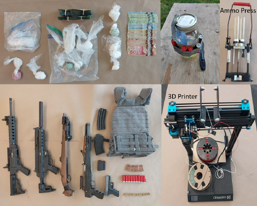 Metro Vancouver Transit Police and Surrey RCMP seized weapons, cash, drugs and other items after executing a search warrant at a residential property on July 5, 2023, in connection with a stabbing in Surrey on June 21, 2023.