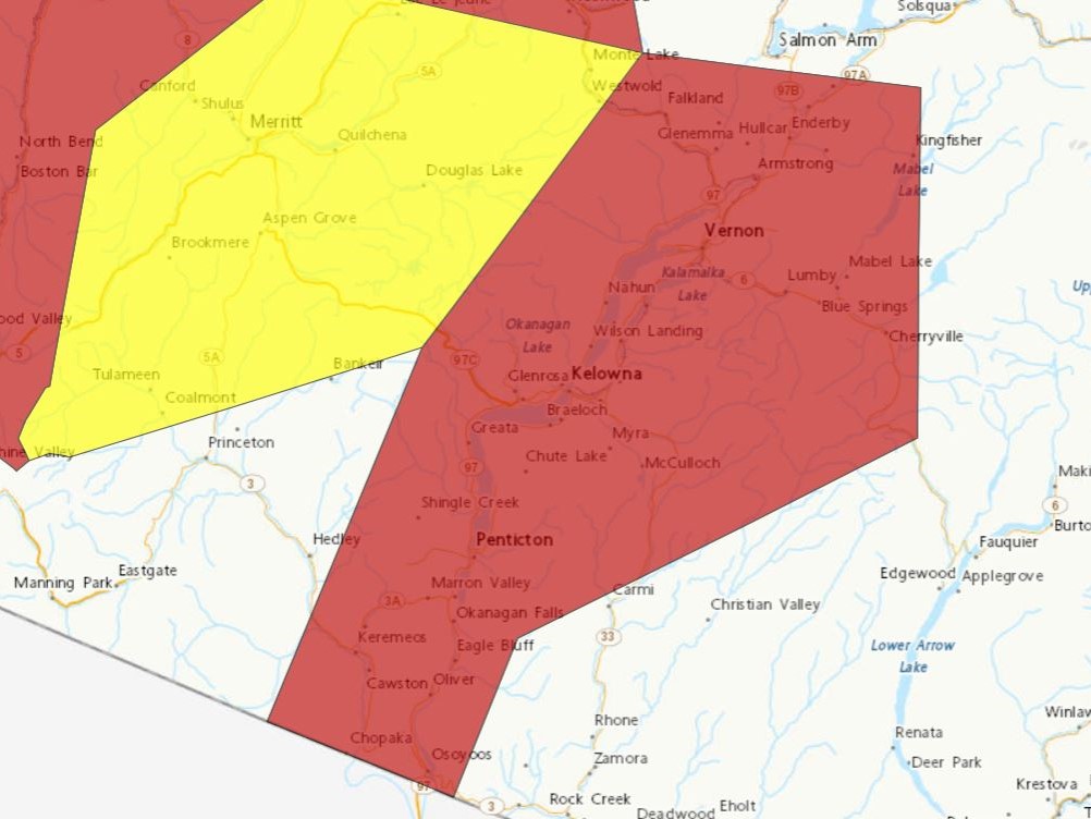 A map of B.C.’s Interior showing heat warnings (areas in red) and a severe thunderstorm watch (yellow). The Okanagan has both a heat warning and a thunderstorm watch.