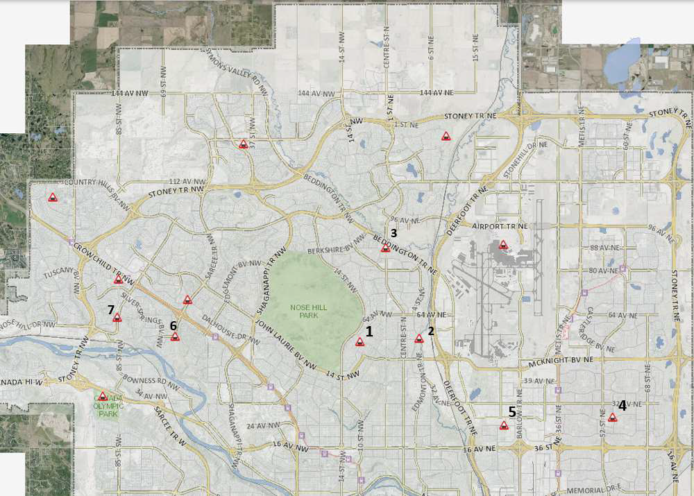 A map of Calgary’s existing bus traps, numbered one through seven.