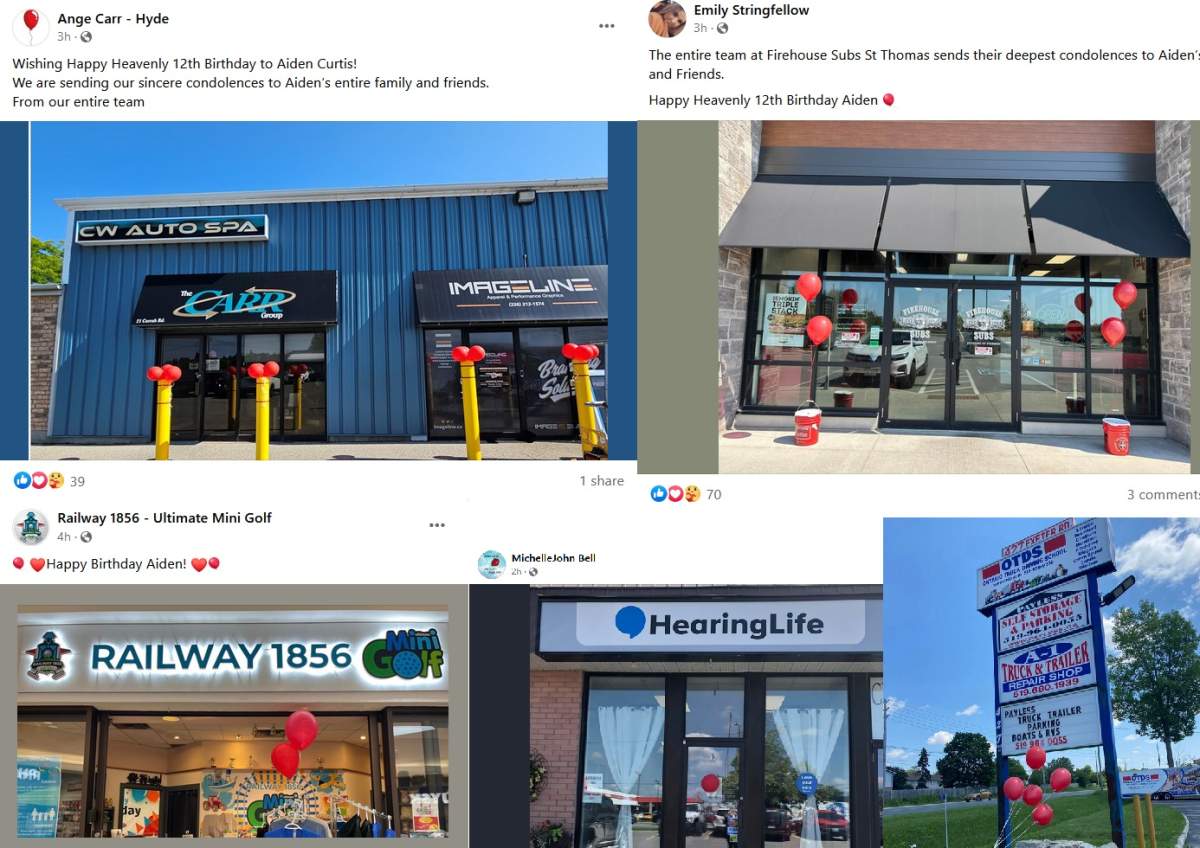 A collage of Facebook posts showing pictures of red balloons at different businesses and organizations.