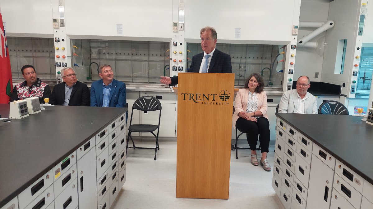 George Pirie, Ontario's Minister of Mines, announces $475,000 for Ontario Indigenous cleantech company Carbonix at Trent University in Peterborough on July 31, 2023.