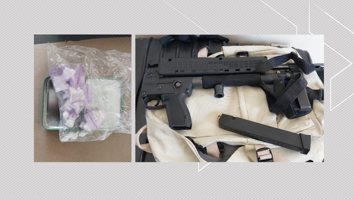 Drugs and a Kel-Tec SUB-2000 9mm rifle Calgary police seized while executing search warrants on July 20, 2023.
