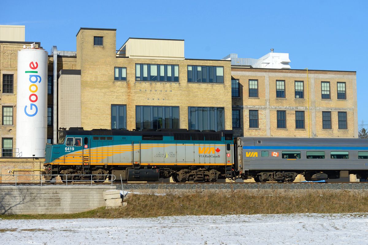 VIA Rail Train 85 is heading to London, Ont., passing the Google Headquarters in Kitchener, Ont., Nov. 23, 2018.