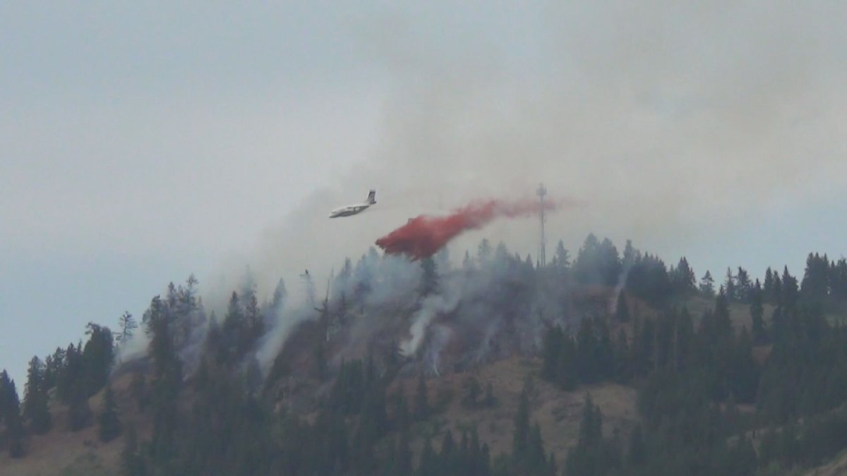 An airtanker drops retardant on the Horseshoe Lake wildfire.