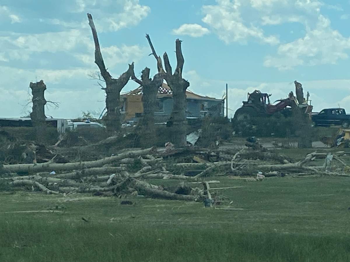 Damage from the tornado in Mountain View County, Alta. on July 1, 2023.