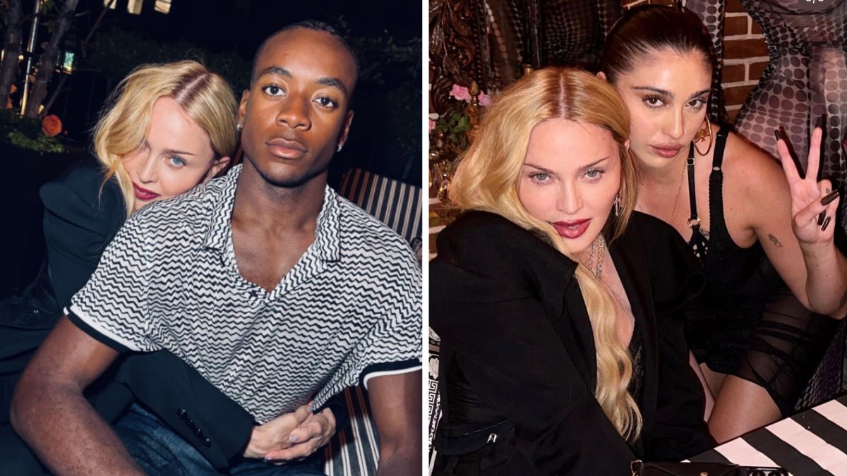 A split photo. On the left is Madonna holding her son David Banda. On the right, Madonna sits next to her daughter Lourdes Leon.