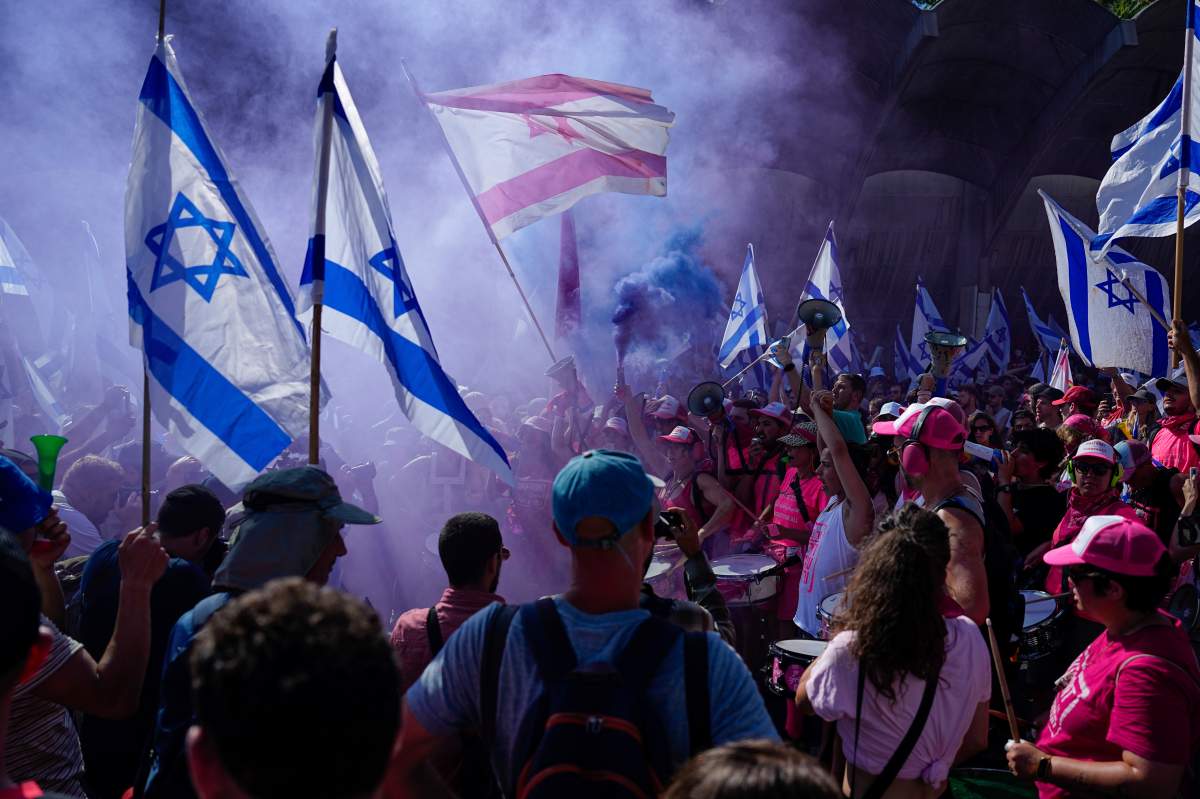 Israelis protest against plans by Prime Minister Benjamin Netanyahu’s government to overhaul the judicial system, in Jerusalem, Monday, July 24, 2023. (AP Photo/Ariel Schalit)
