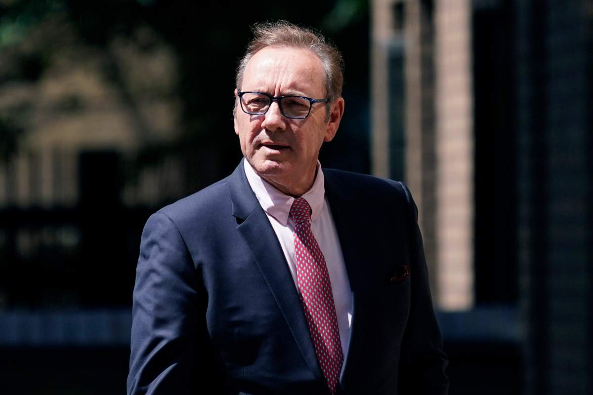Kevin Spacey appears outside a London courtroom