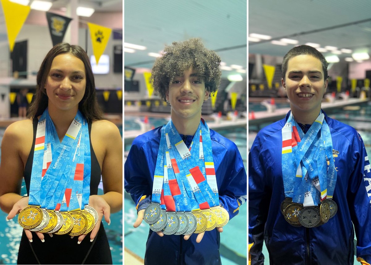 A collage of three swimmers with their medals