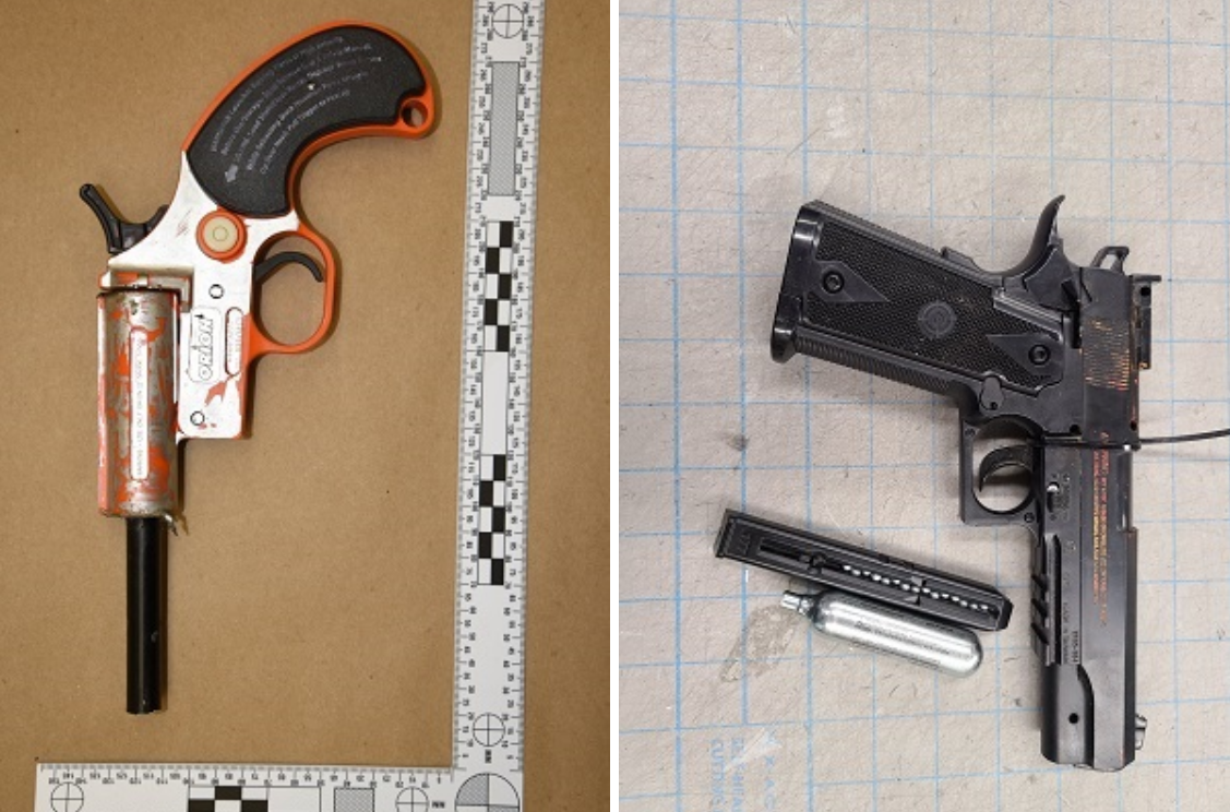 Nanaimo RCMP arrested three people and seized a modified flare gun and an airsoft pistol on Cavan Street on Mon. July 24, 2023.