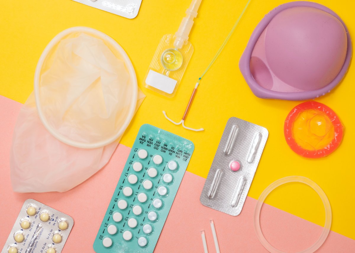 Condoms, birth control, plan b are collaged together