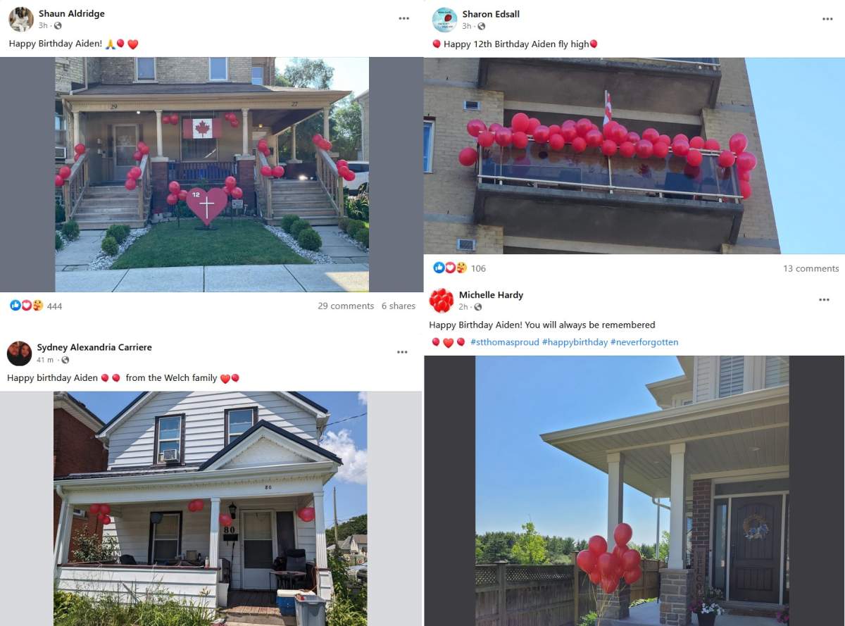 A collage of Facebook photos of red balloons at residential buildings.