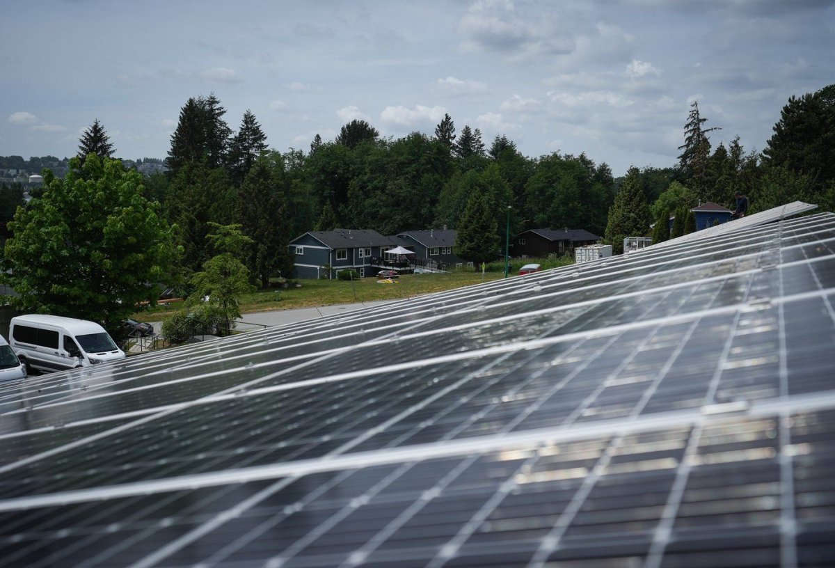 A solar panel array is pictured outside an administration building at the Tsleil-Waututh Nation, in North Vancouver, B.C., on Thursday, June 15, 2023. Though Alberta has committed to achieving net-zero greenhouse gas emissions by 2050, the province's lack of hydroelectricity and heavy reliance on natural gas for power generation means its grid faces steeper transition challenges than many other jurisdictions.
