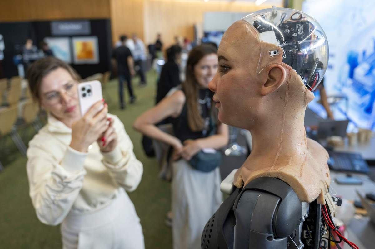 Humanoid robot Sophia is pictured during the ITU’s AI for Good Global Summit in Geneva, Switzerland, Wednesday, July 5, 2023.