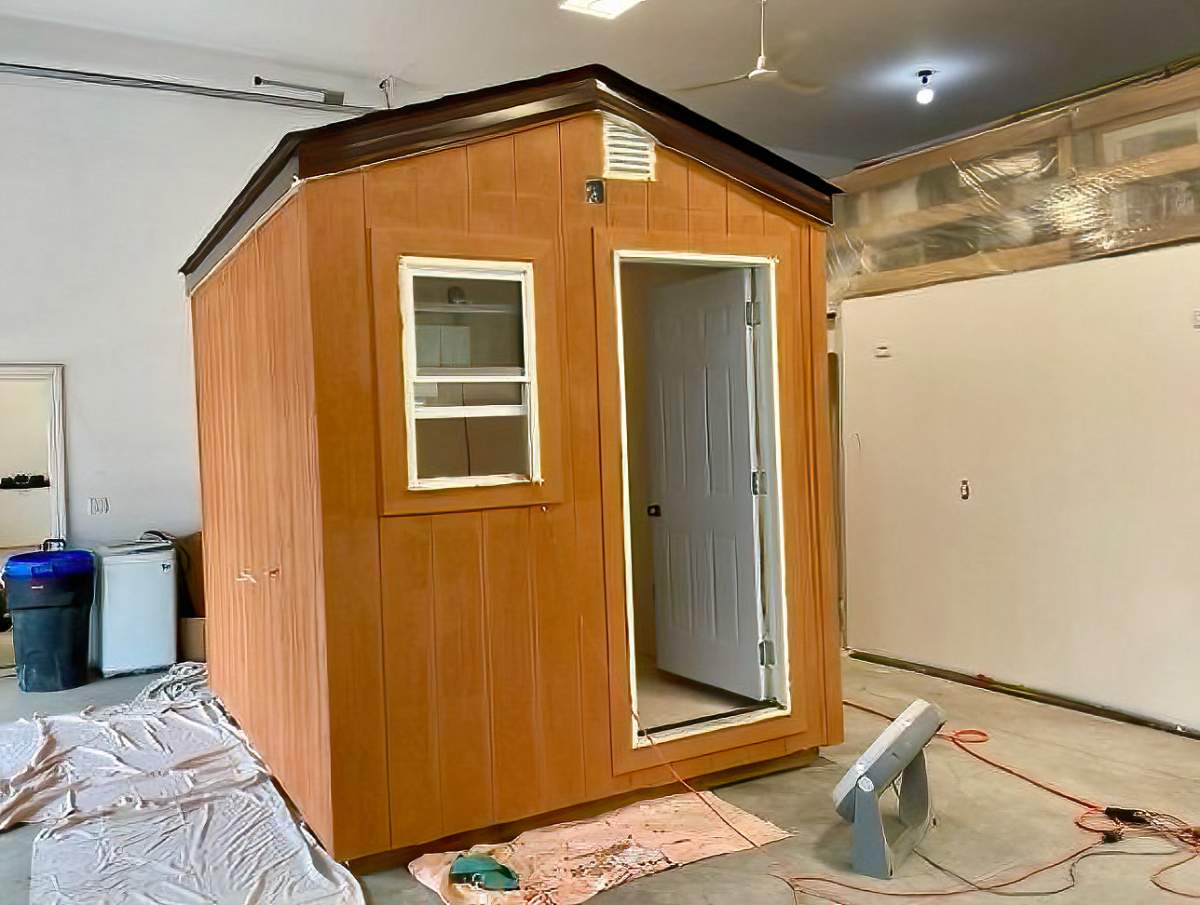 One of the sleeping cabins under construction by Peterborough Action for Tiny Homes.