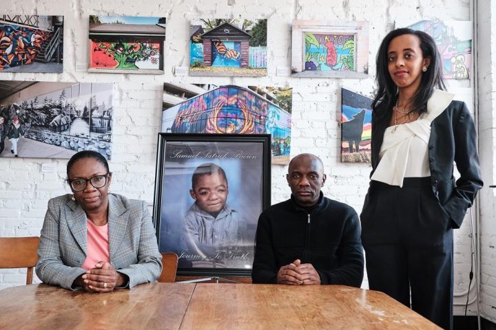 An inquest into the death of a disabled teen who was in the care of an Ontario school for blind and deaf children is set to open this month. Samuel Brown's mother Andrea Brown, left to right, father Gladstone Brown and family lawyer Saron Gebresellasi are shown with a portrait of Samuel Brown in a handout photo.