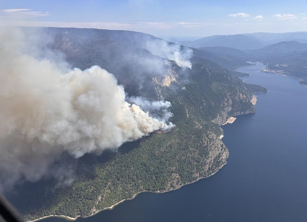 The Lower East Adams Lake wildfire in B.C.'s Shuswap region is shown in a handout photo. Dozens more properties in the B.C. interior were placed on evacuation alert Monday as the Bush Creek East wildfire near Adams Lake fills the air with thick smoke.