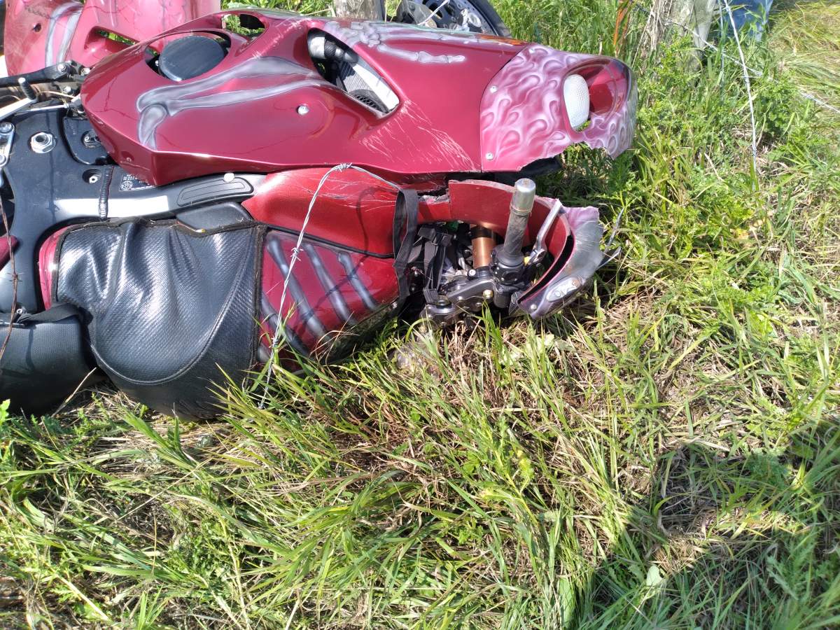 Wreckage from the motorcycle crash on Aug 7, 2023 on Highway 16 near Range Road 20.