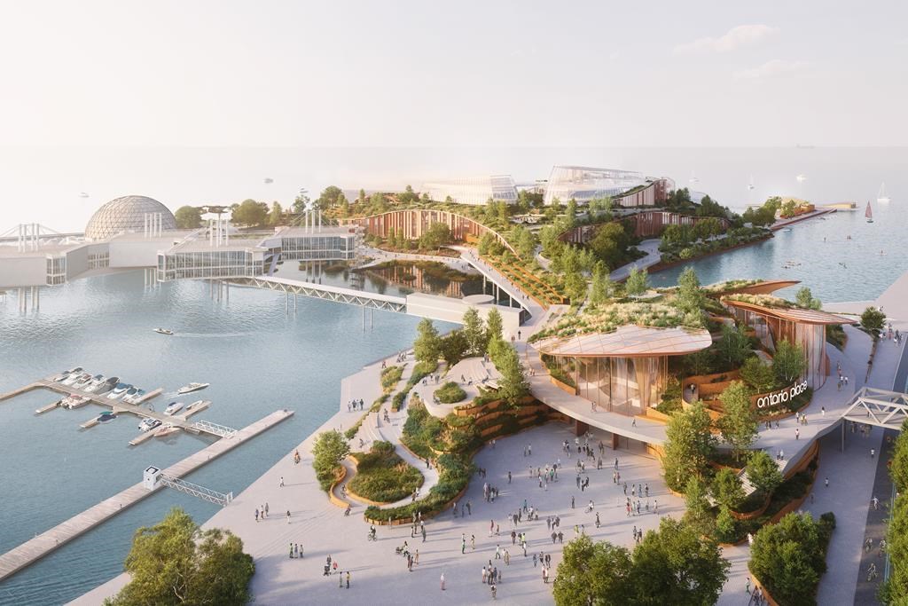 The European company planning a spa and waterpark at Ontario Place says it has completed a redesign to create more public space and give the building a smaller footprint in response to feedback. An artist's rendering of the proposed redesign of Ontario Place is seen in an undated handout. 