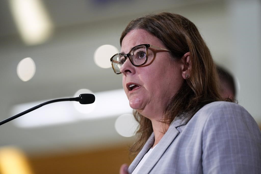 FILE - Manitoba Premier Heather Stefanson. Workers at Manitoba's auto insurance Crown corporation went on strike Monday, as Premier Heather Stefanson criticized union leaders for rejecting a wage offer.