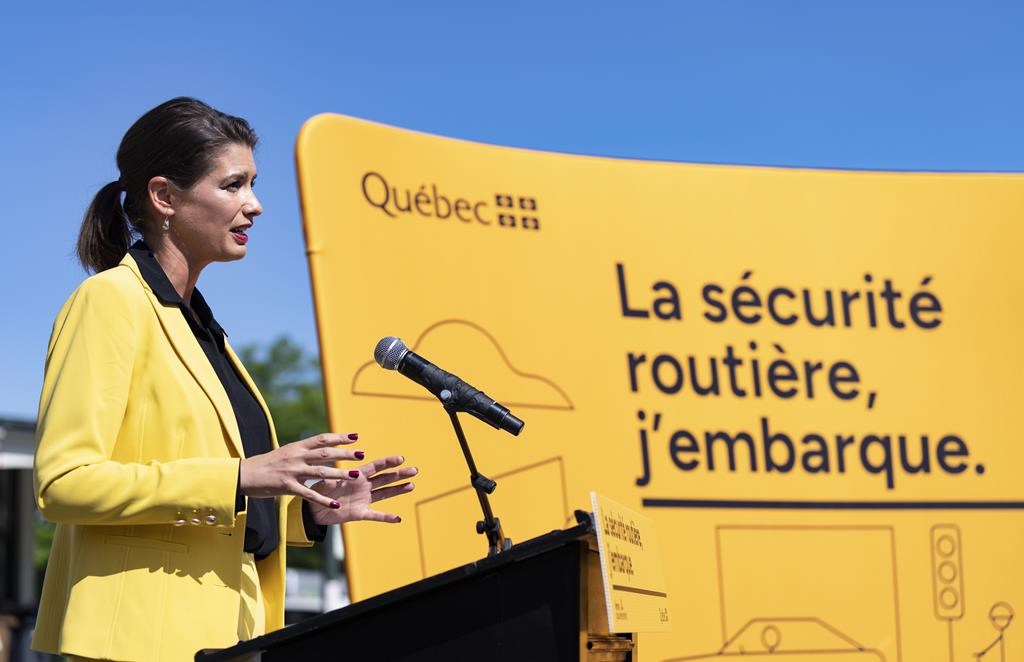Deputy Premier and Minister of Transport and Sustainable Mobility Genevieve Guilbault, speaks about new road safety measures at a press conference in Montreal on August 22, 2023. THE CANADIAN PRESS/Christinne Muschi.