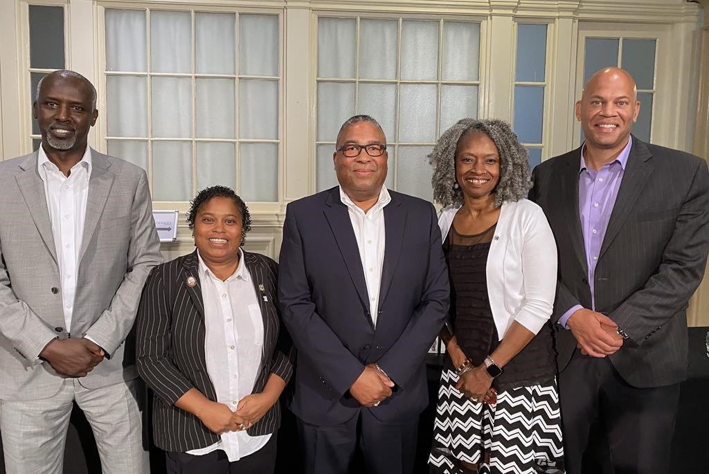 Members of the Congress of Black Parliamentarians, Ali Duale, left to right, Suzy Hansen, Tony Ince, Iona Stoddard and Gord McNeilly pose for a photo at their meeting in Halifax on Wednesday, Aug. 30, 2023. A group of Black politicians from Atlantic Canada say they are willing to do the work to connect with diverse communities they say are currently "disengaged" from the political system. Five members of the Canadian Congress of Black Parliamentarians, met in Halifax today to discuss issues that emerged from a national meeting earlier this month in Ottawa. Congress co-founder Tony Ince, a Nova Scotia Liberal member of the legislature, says the biggest challenge for politicians of colour is engaging with communities that don’t have faith in the political system. THE CANADIAN PRESS/Keith Doucette.