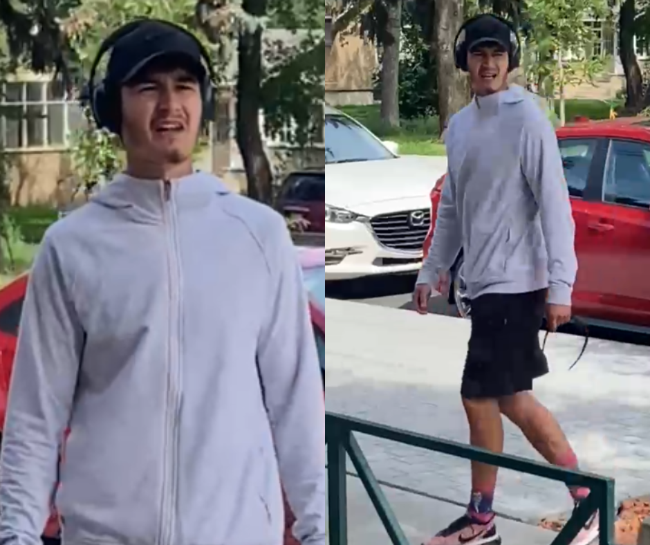 Police have provided a photo of the man accused of yelling hate speech and exposing himself to a family near the University of Alberta. He is described by police as a man between 20 and 30 years old with a slim build, black medium-length hair and some black facial hair. He was wearing a black hat, black headphones, black shorts, a grey zip hoodie, pink and blue socks and black and pink running shoes.