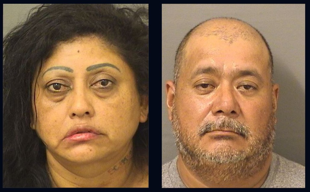 Police mugshots of Maria Barrios Calero and Ricardo Flores, who were both charged with human trafficking two young girls on August 6, 2023.