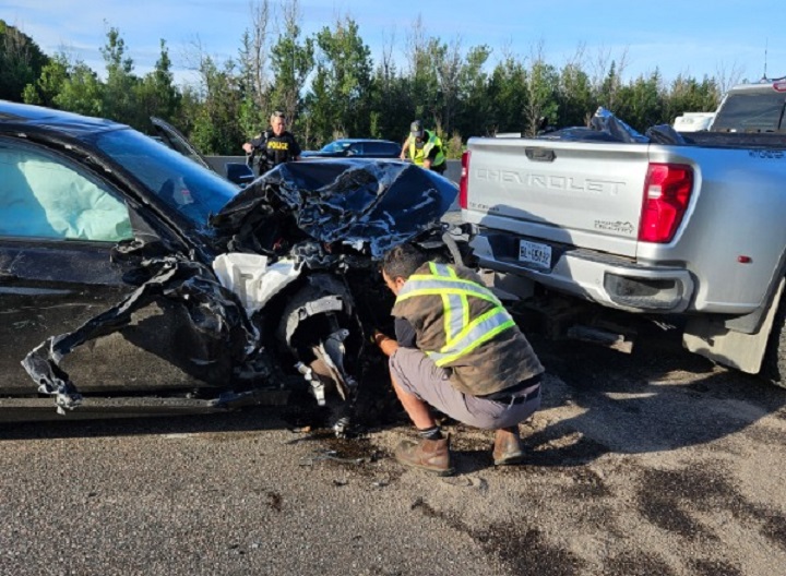 The crash on Highway 401 near Guelph Line on Aug. 14, 2023.