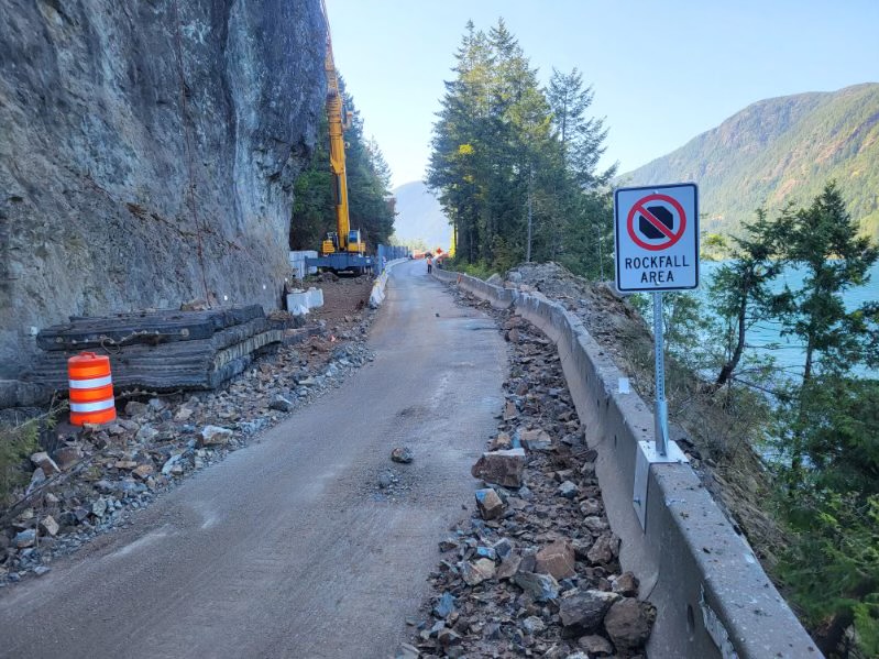 Provincial crews continue rock-scaling work on the part of Highway 4 compromised by the Cameron Bluffs wildfire in June 2023.
