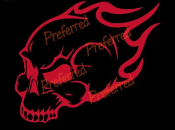 Two red and black flaming skull stickers are on the back of the truck, according to police.